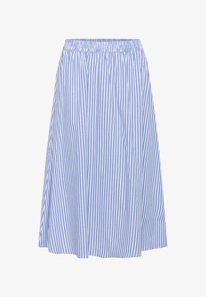Paski spódniczka w kształcie litery A w jasnoniebieskim i białym kolorze, wykonana z lekkiego materiału, z elastycznym paskiem w talii i długości do kolan. Swobodnie opada.