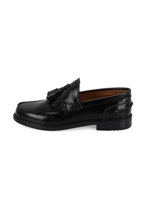 Schwarze Lederloafer mit glänzender Oberfläche, die über eine Quastenverzierung am Obermaterial und eine strukturierte Gummisohle verfügen. Klassisches Design mit niedrigem Absatz.