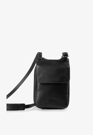 Black leather crossbody bag with a flap closure, zippered side, and adjustable strap. Smooth texture and minimalist design.