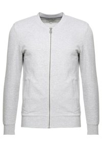 Sudadera con cremallera de color gris claro, hecha de una suave mezcla de algodón. Cuenta con puños y dobladillo acanalados, bolsillos laterales y un cuello redondeado.