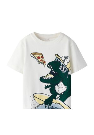 White t-shirt with cartoon T-Rex wearing a cap and sunglasses surfing a wave, reaching for a slice of pepperoni pizza.
