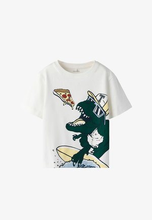 White t-shirt with cartoon T-Rex wearing a cap and sunglasses surfing a wave, reaching for a slice of pepperoni pizza.