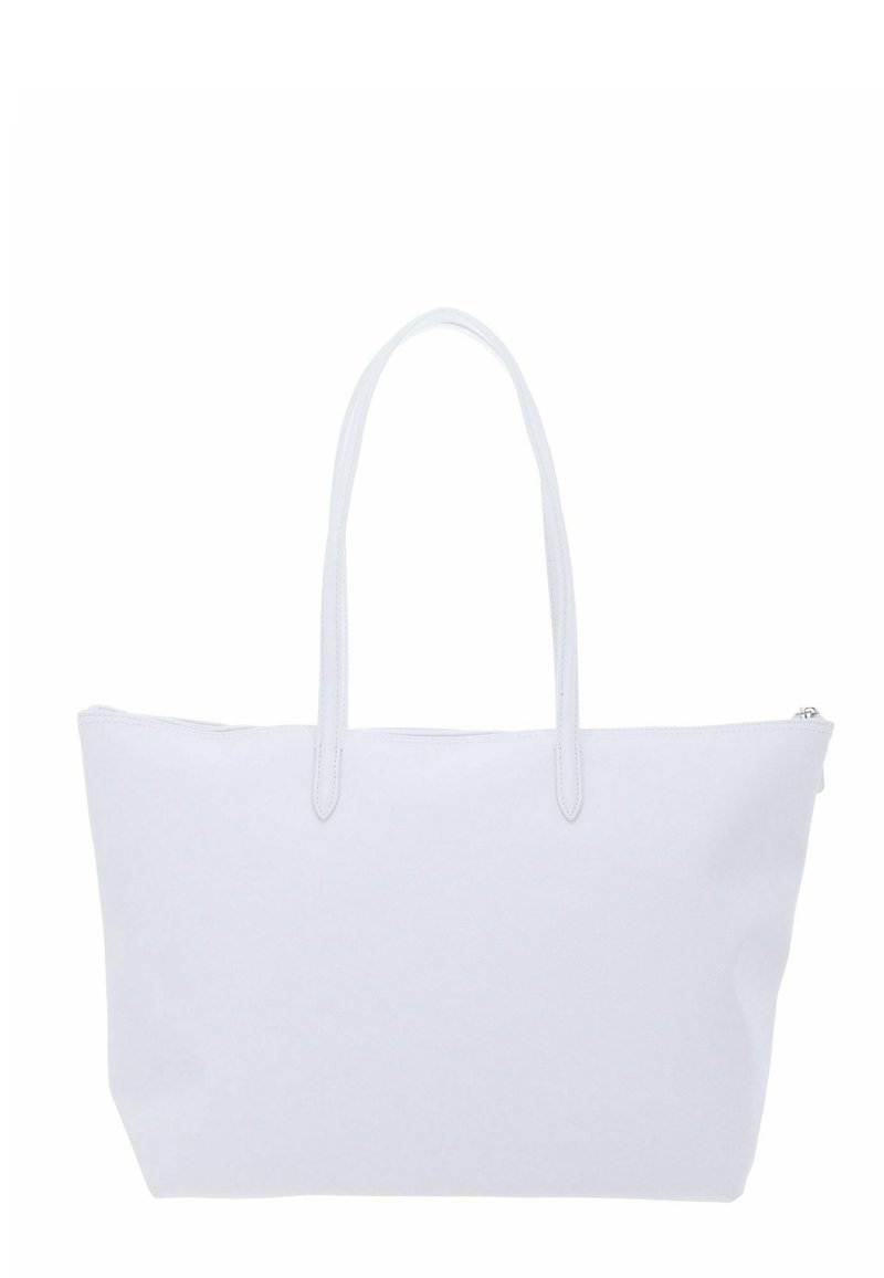 Borsa tote bianca con manici lunghi e chiusura a zip superiore, design semplice e texture liscia su sfondo uniforme.