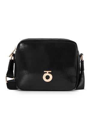 Black synthetic handbag with a smooth texture, rectangular shape, zip closure, and gold-tone logo accent on the front. Adjustable strap included.
