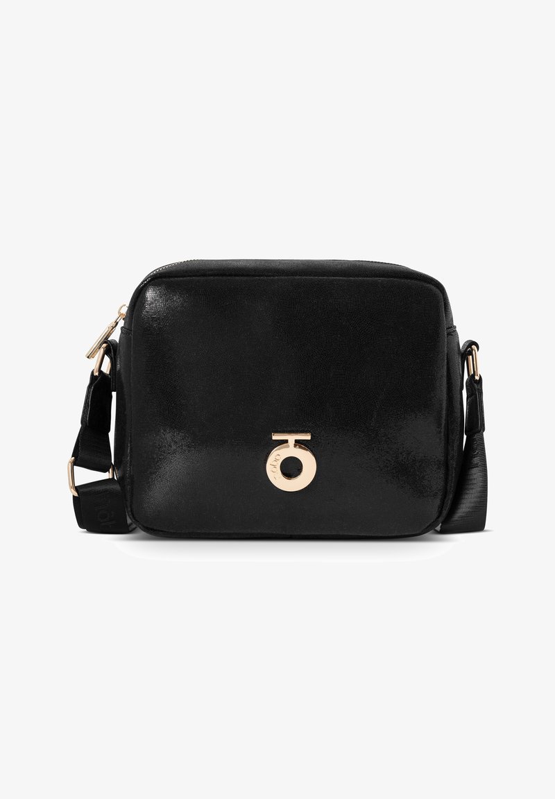 Schwarze synthetische Handtasche mit glatter Oberfläche, rechteckiger Form, Reißverschluss und goldfarbener Logo-Akzent auf der Vorderseite. Verstellbarer Träger inklusive.