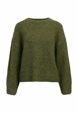 Grüner Strickpullover mit rundem Halsausschnitt, überschnittenen Schultern und langen Ärmeln. Weicher Stoff, legerer Schnitt und ein dezentes meliertes Muster.