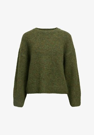 Groene gebreide trui met een ronde halslijn, drop shoulders en lange mouwen. Zachte textuur, relaxte pasvorm en een subtiel gemêleerd patroon.
