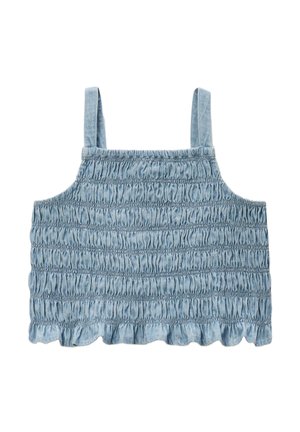 Haut cropped en denim bleu clair avec une texture smockée, des bretelles fines et un ourlet volanté. Design décontracté adapté aux temps chauds.