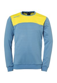 Lichtblauwe sweatshirt met een gele schouderpartij, voorzien van horizontale strepen aan de voorkant, gemaakt van een zachte stof met geribde manchetten en zoom.