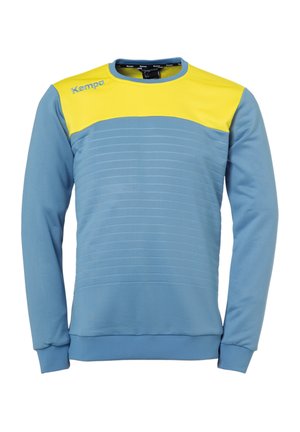 Lichtblauwe sweatshirt met een gele schouderpartij, voorzien van horizontale strepen aan de voorkant, gemaakt van een zachte stof met geribde manchetten en zoom.