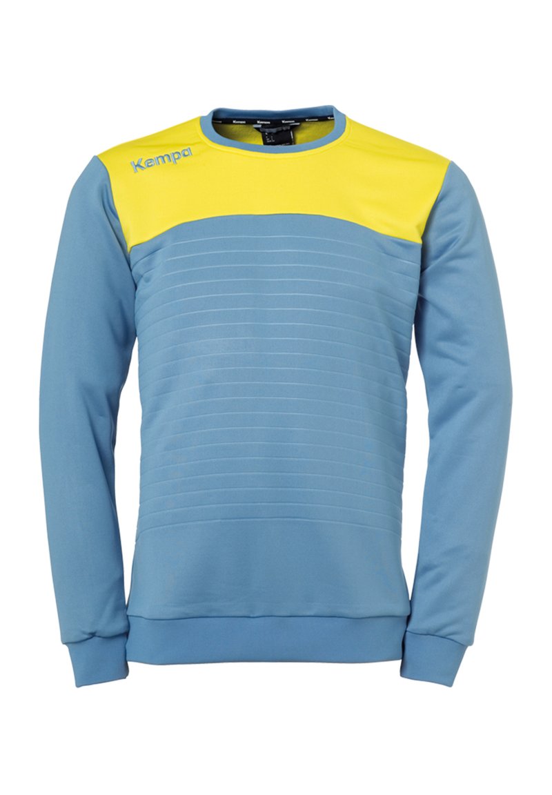Lichtblauwe sweatshirt met een gele schouderpartij, voorzien van horizontale strepen aan de voorkant, gemaakt van een zachte stof met geribde manchetten en zoom.