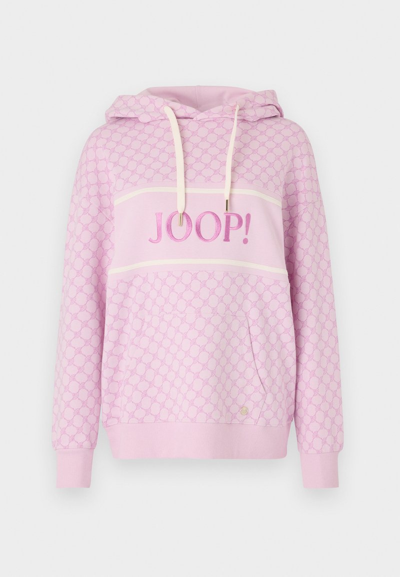 Sudadera rosa con un patrón texturizado, que presenta una franja blanca y "JOOP!" en bordado rosa. Incluye una capucha, cordones y un bolsillo canguro.