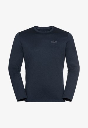 Donker marineblauw T-shirt met lange mouwen en ronde hals, met subtiel "Jack Wolfskin"-logo op de linkerborst, afgebeeld tegen een witte achtergrond.