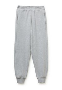 Szare dresy z miękkiego, szczotkowanego materiału. Elastyczny pasek w talii, dwie boczne kieszenie i dopasowane mankiety przy kostkach. Prosty design.