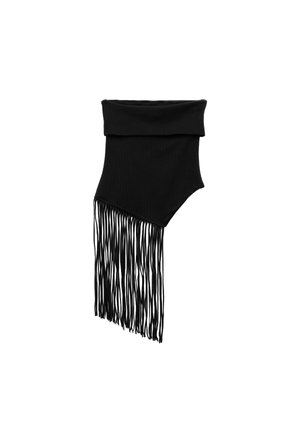 Black fabric crop top with a wide neckline, featuring long fringe detailing on one side and a fitted design. Soft texture, seamless edges.