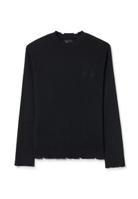 Maglietta nera a maniche lunghe con scollo tondo, caratterizzata da un logo discreto sul petto e un orlo grezzo. Tessuto morbido.