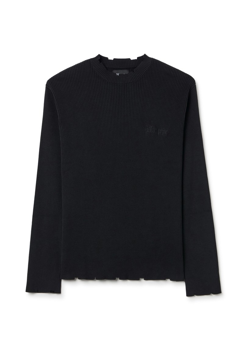Maglietta nera a maniche lunghe con scollo tondo, caratterizzata da un logo discreto sul petto e un orlo grezzo. Tessuto morbido.