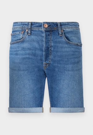 Denim shorts in a medium blue tone with rolled cuffs, five-pocket design, brass button closure, and contrasting stitching.