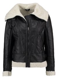 Svart läderjacka med vit syntetisk fårlodrad krage och ärmslut. Har blixtlåsfickor och en åtsittande design med panelstygn.