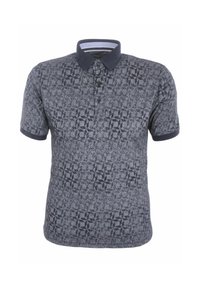 Herren-Polohemd in Dunkelblau mit einem strukturierten geometrischen Muster, kurzen Ärmeln, Knopfleiste und einem kontrastierenden marineblauen Kragen.