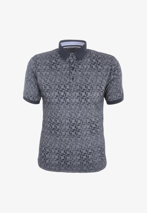 Herren-Polohemd in Dunkelblau mit einem strukturierten geometrischen Muster, kurzen Ärmeln, Knopfleiste und einem kontrastierenden marineblauen Kragen.