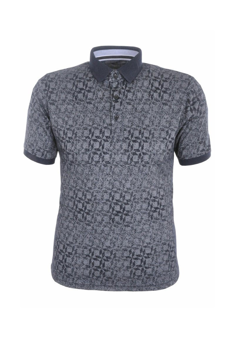 Herren-Polohemd in Dunkelblau mit einem strukturierten geometrischen Muster, kurzen Ärmeln, Knopfleiste und einem kontrastierenden marineblauen Kragen.