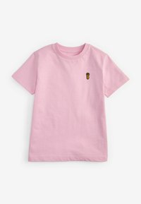 Maglietta in cotone rosa chiaro con maniche corte e scollatura rotonda, caratterizzata da un piccolo ricamo di un'aragosta gialla e nera sul petto.