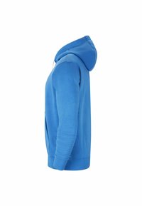 Blue hoodie with a front pocket, long sleeves, and a drawstring hood. Cotton-blend fabric with a smooth texture. Side view shown.