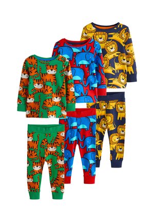 Lastemagamispidžaama komplekt, millel on elavad mustrid tigrite, elevantide ja lõvidega värvides nagu roheline, punane, sinine, kollane ja mereväe sinine.