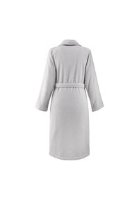 Accappatoio grigio realizzato in morbido tessuto, con cintura in vita, maniche lunghe e colletto. La vista posteriore mostra una texture liscia e linee pulite.
