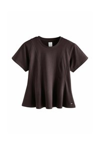 T-shirt noir à manches courtes avec col rond et détails de coutures, légèrement évasé à l’ourlet, présenté sur fond blanc.