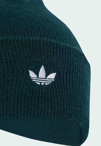 Cappello beanie lavorato a maglia di un verde scuro con una texture a coste e un logo ricamato bianco che presenta tre elementi a forma di foglia sul davanti.