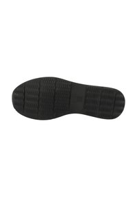 Suela de zapato de goma negra con una textura ondulada y diseño flexible. Presenta una marca y un dibujo en la suela para mayor agarre. Forma de zapato estándar.
