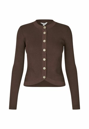 Pruun soonikuga kardigan pikkade varrukatega, ümmarguse kaelusega ja seitsme ees nupuga. Alläär on kaardus.