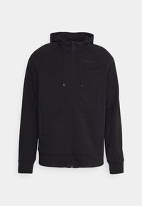 Felpa nera con zip realizzata in materiale morbido, dotata di cappuccio con cordino, polsini a costine e tasche laterali. Design minimalista con un marchio discreto.