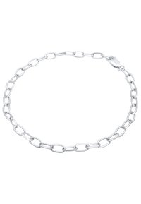 Zilveren kettingarmband met verlengde ovale schakels met een gladde afwerking en een sluiting. Eenvoudig ontwerp met een opvallende metallic glans.