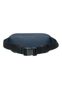 Marsupio blu navy di forma rettangolare, realizzato in tessuto durevole, con cintura nera regolabile e chiusura a fibbia di plastica.
