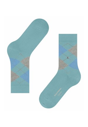 Aqua-Socken mit Argyle-Muster in Blau, Grau und orangefarbenen Akzenten, aus weichem Material, mit glatter Oberfläche und geripptem Bündchen.