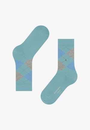 Skarpetki wodne z wzorem w kratę w odcieniach niebieskiego, szarego i pomarańczowego, wykonane z miękkiego materiału, o gładkim wykończeniu i ściągaczu.