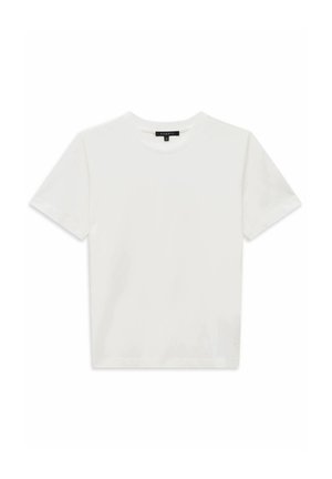 White short-sleeve crew neck cotton t-shirt with a small black brand label at the neckline.