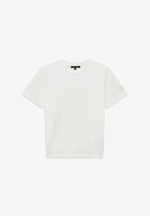 Weißes Baumwoll-T-Shirt mit kurzen Ärmeln und Rundhalsausschnitt, versehen mit einem kleinen schwarzen Markenetikett am Halsausschnitt.