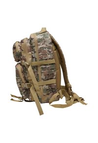 Camouflage backpack with tan accents, multiple zippered compartments, adjustable straps, and mesh padding for comfort. Durable fabric texture.