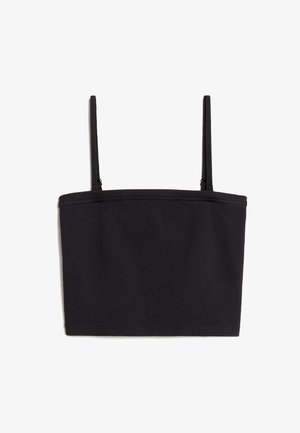 Top corto nero a costine con spalline sottili regolabili e un fit strutturato. Il tessuto presenta una superficie liscia e un design semplice.
