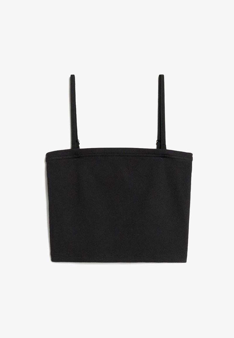 Top corto nero a costine con spalline sottili regolabili e un fit strutturato. Il tessuto presenta una superficie liscia e un design semplice.