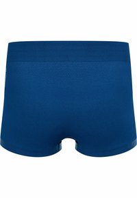 Blue boxer briefs made from smooth material, featuring a snug fit, a low-rise waistband, and a rounded cut-out at the leg.