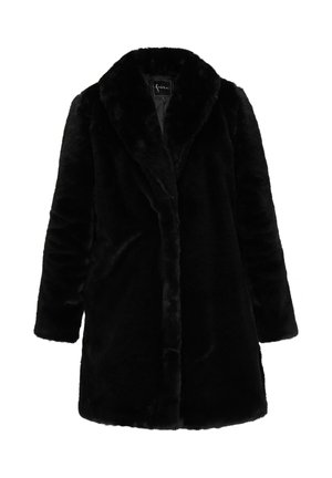 Cappotto lungo in pelliccia sintetica nera con collo ampio e maniche lunghe, progettato per l'uso in climi freddi.