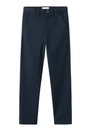 Pantalones a medida de color azul marino con botón frontal, trabillas para cinturón y bolsillos laterales, exhibidos sobre un fondo blanco.