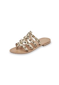 Sandalo a scivolo con stampa leopardata, dotato di molteplici cinturini incrociati, suola piatta e soletta liscia color tan. Realizzato in materiale in pelle sintetica.