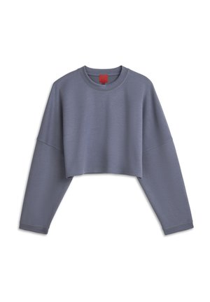 Sudadera recortada de tejido suave y texturizado. Presenta mangas largas y anchas y un escote redondo. El color es un azul grisáceo apagado con una etiqueta roja.
