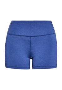 Pantaloni sportivi blu in un tessuto morbido ed elasticizzato. Presentano un alto punto vita e cuciture piatte per il comfort. Lunghezza corta e design aderente.